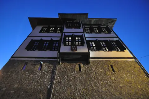 Front facade of Han Safranbolu Konak at blue hour