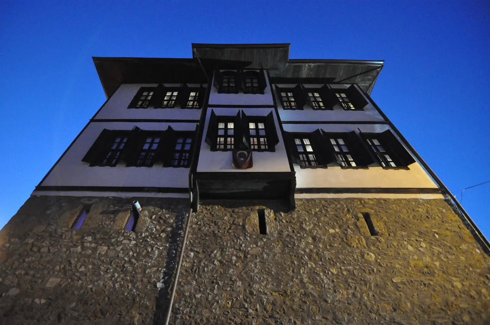 Front facade of Han Safranbolu Konak at blue hour
